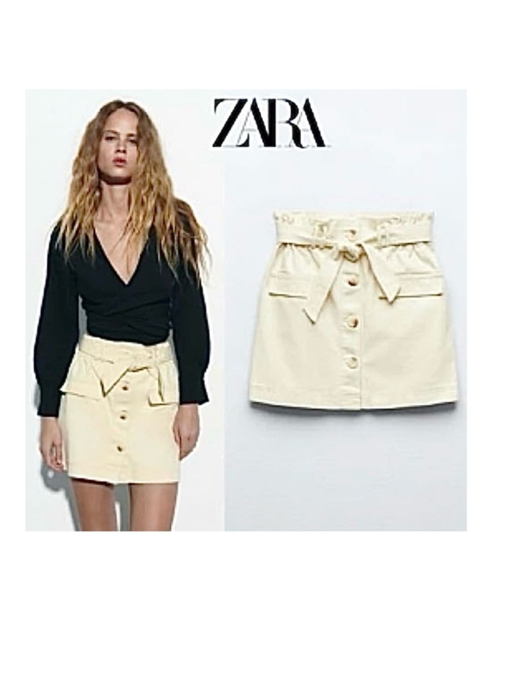 ZARA- High Waist Cotton Elastic Waistband Belted Mini Skirt.